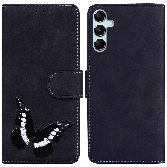 For Samsung Galaxy A15 4G Case Skin-touch Leather Butterfly Printing Phone Cover - Black - 1