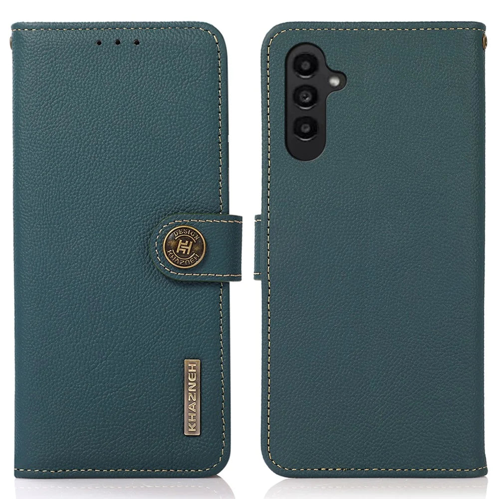 KHAZNEH For Samsung Galaxy S25 / S24 Cover RFID Blocking Anti-Shock Genuine Cow Leather Phone Case - Green - 1