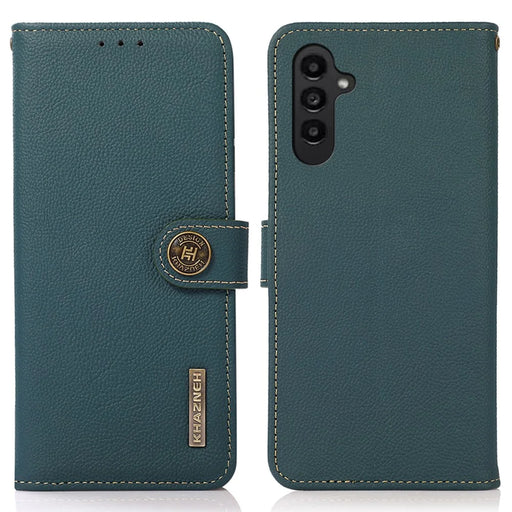 KHAZNEH For Samsung Galaxy S25 / S24 Cover RFID Blocking Anti-Shock Genuine Cow Leather Phone Case - Green - 1