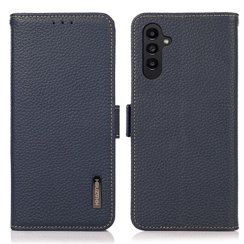 KHAZNEH For Samsung Galaxy S25 / S24 Case Genuine Cow Leather Wallet Phone Drop-Proof Cover - Blue - 1