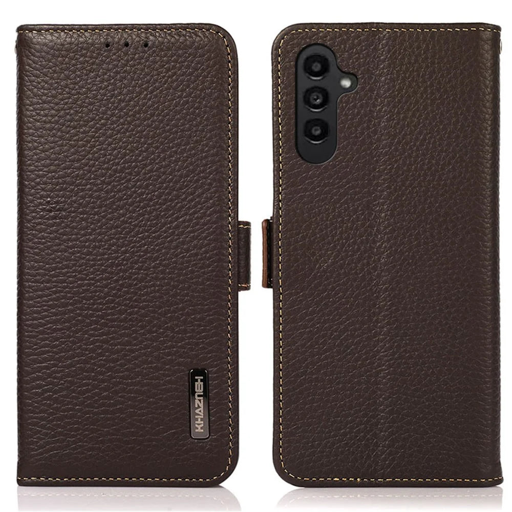 KHAZNEH For Samsung Galaxy S25+ / S24+ Cover RFID Blocking Genuine Cow Leather Phone Shell - Brown - 1