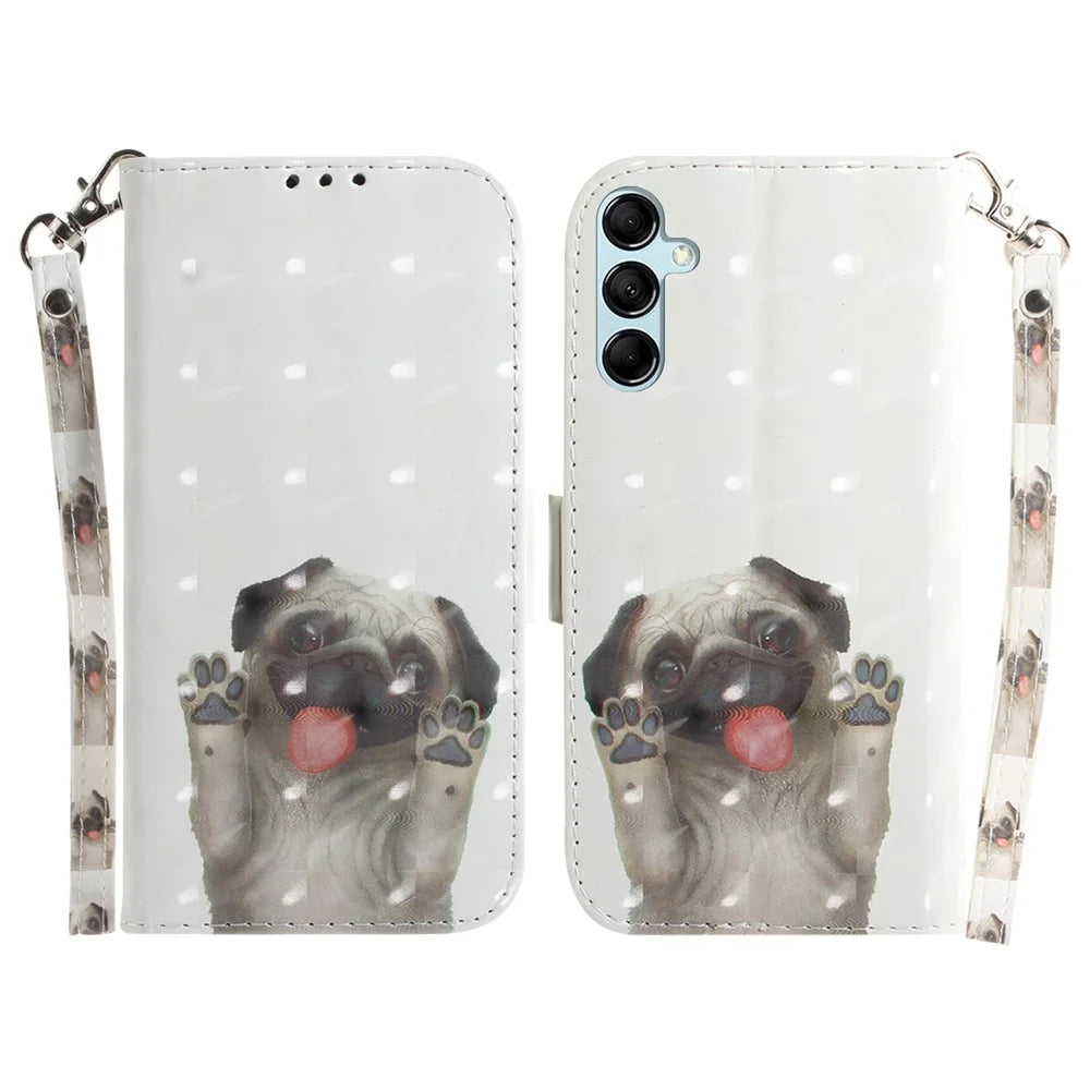 For Samsung Galaxy A15 4G Case 3D Pattern Printed PU Leather Anti-Fall Cellphone Cover - Pug - 1