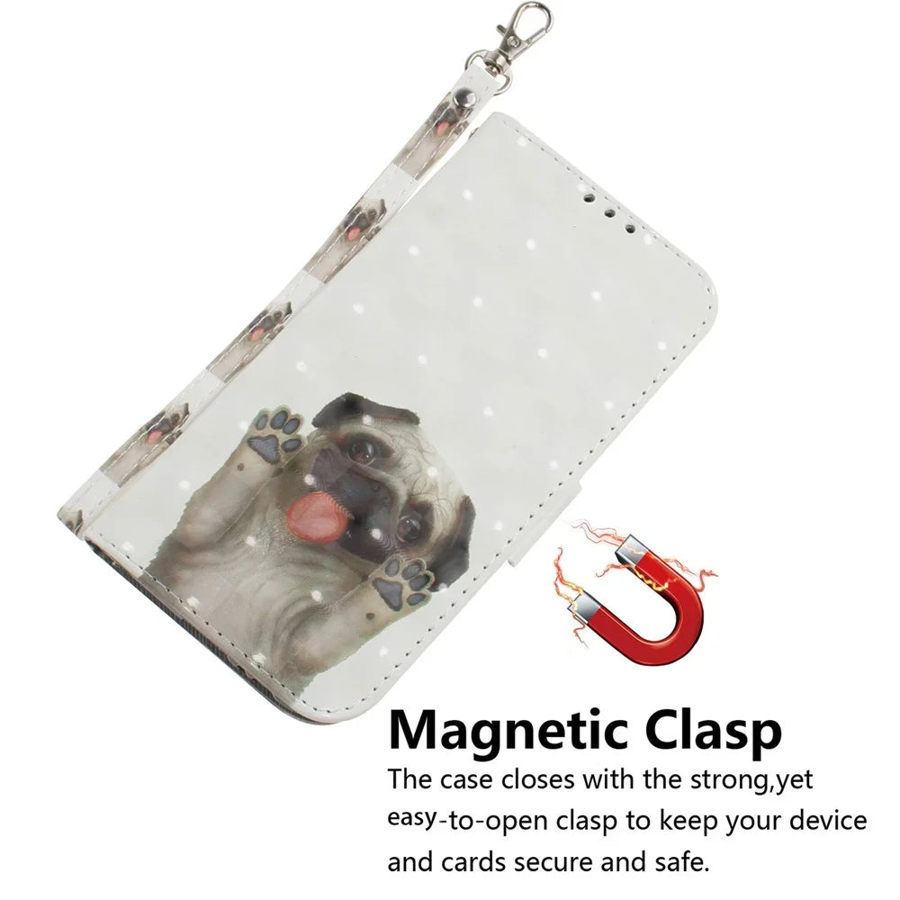 For Samsung Galaxy A15 4G Case 3D Pattern Printed PU Leather Anti-Fall Cellphone Cover - Pug - 4