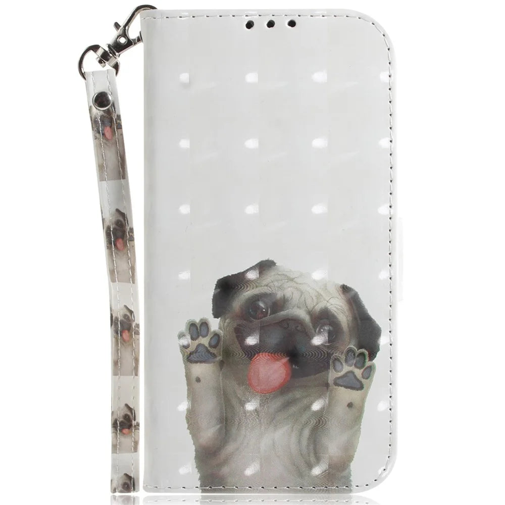 For Samsung Galaxy A15 4G Case 3D Pattern Printed PU Leather Anti-Fall Cellphone Cover - Pug - 6