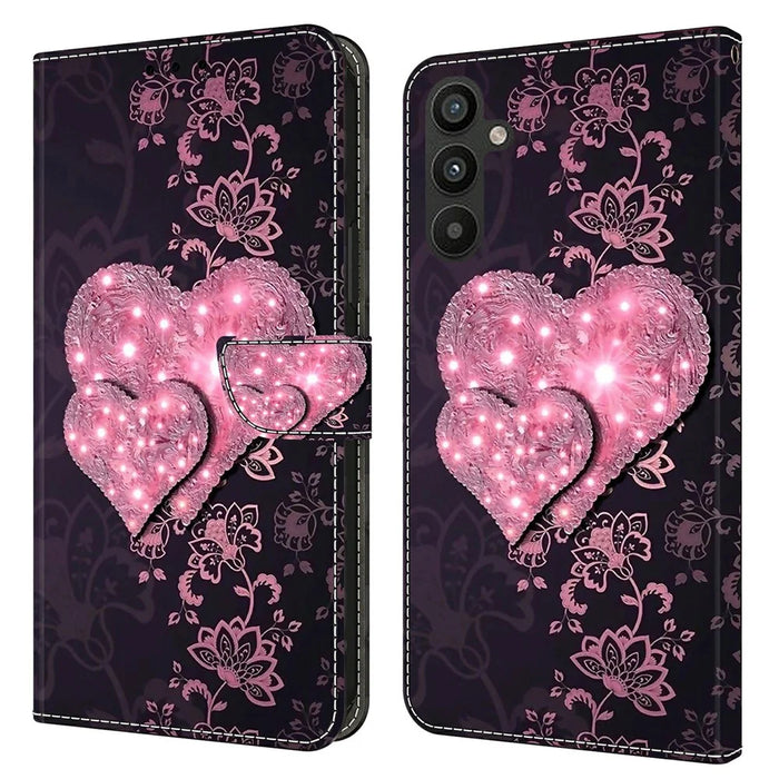 For Samsung Galaxy A15 4G Case 3D Pattern PU Leather Flip Protective Cover - Lace Hearts - 1