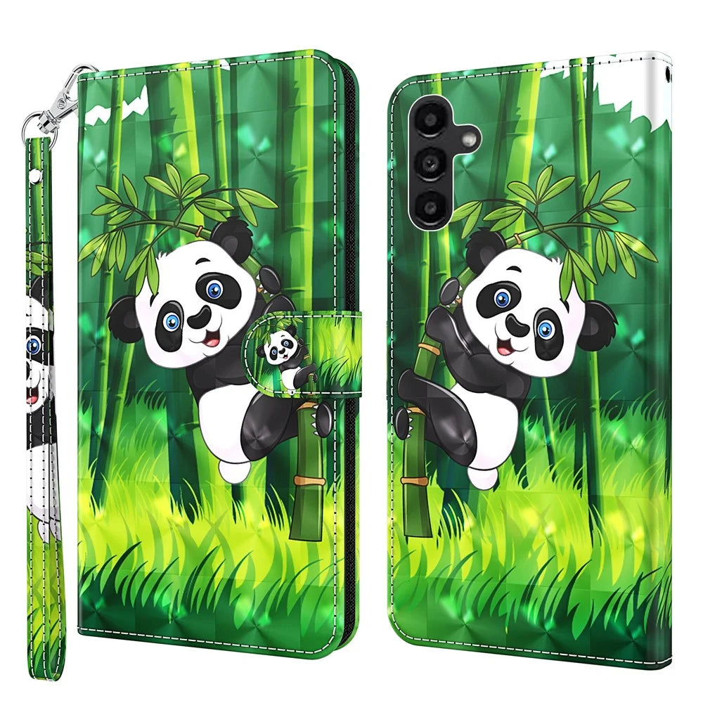 For Samsung Galaxy A05s 4G Case Flip PU Leather 3D Pattern Printing Phone Cover - Panda Climbing - 1