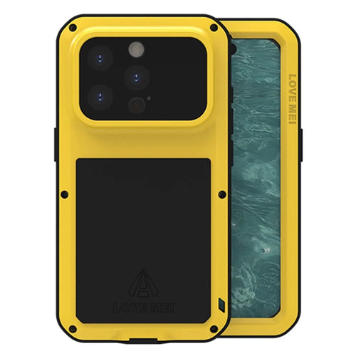 LOVE MEI For iPhone 15 Pro Case Shockproof Phone Cover with Tempered Glass Film - Yellow - 1