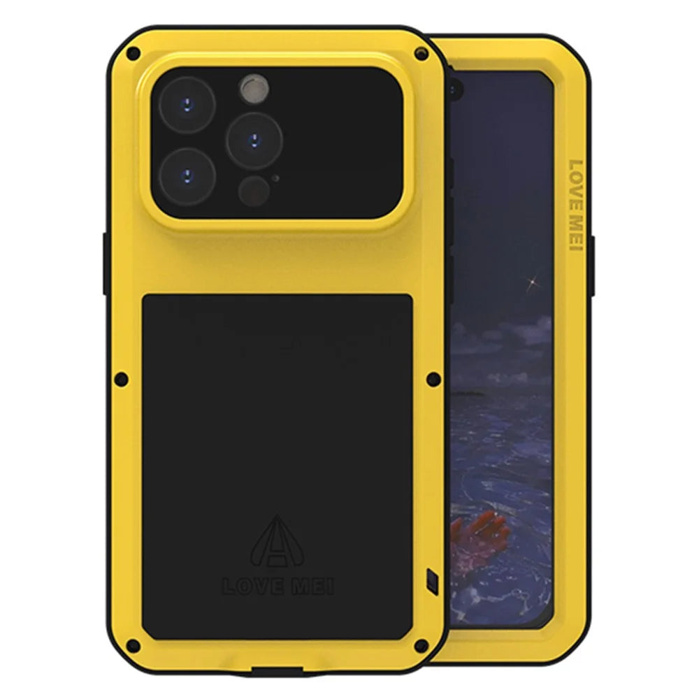LOVE MEI For iPhone 15 Pro Max Case with Tempered Glass Film Metal+Silicone Cover - Yellow - 1
