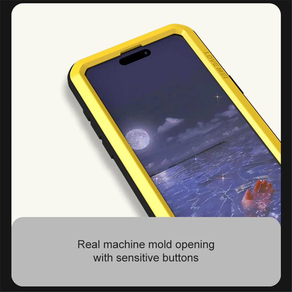 LOVE MEI For iPhone 15 Pro Max Case with Tempered Glass Film Metal+Silicone Cover - Yellow - 3