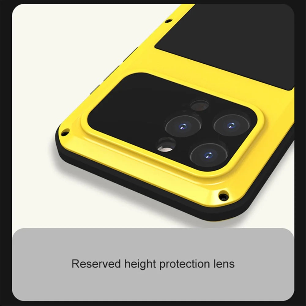 LOVE MEI For iPhone 15 Pro Max Case with Tempered Glass Film Metal+Silicone Cover - Yellow - 4
