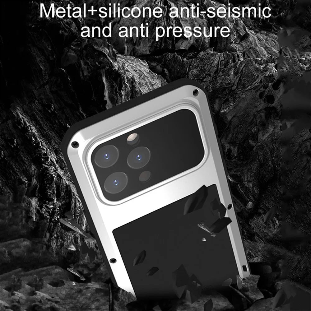 LOVE MEI For iPhone 15 Pro Max Case with Tempered Glass Film Metal+Silicone Cover - Yellow - 6