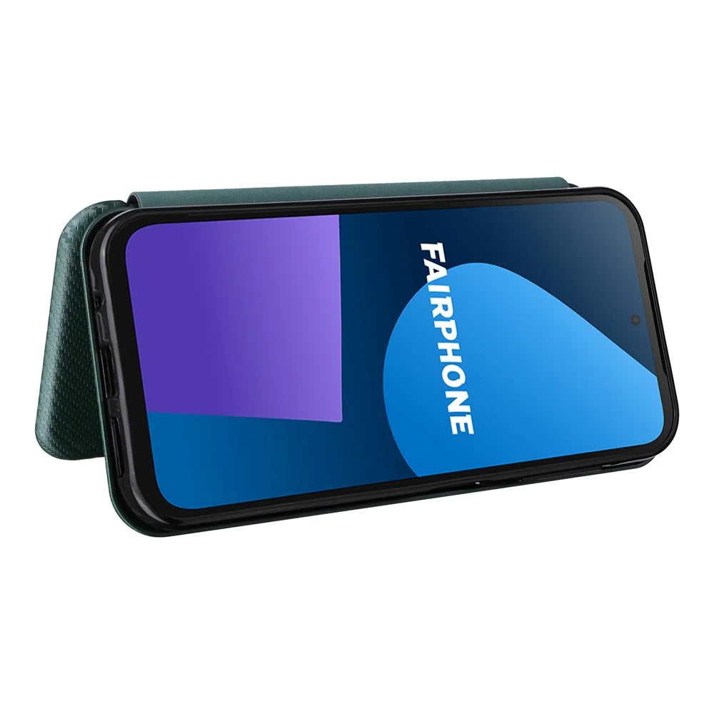 For Fairphone 5 Case Carbon Fiber Texture Phone Cover with Card Holder - Green - 3