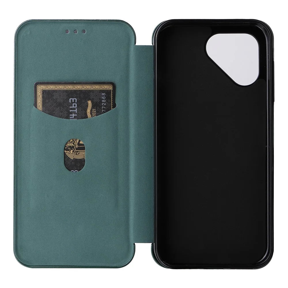 For Fairphone 5 Case Carbon Fiber Texture Phone Cover with Card Holder - Green - 4
