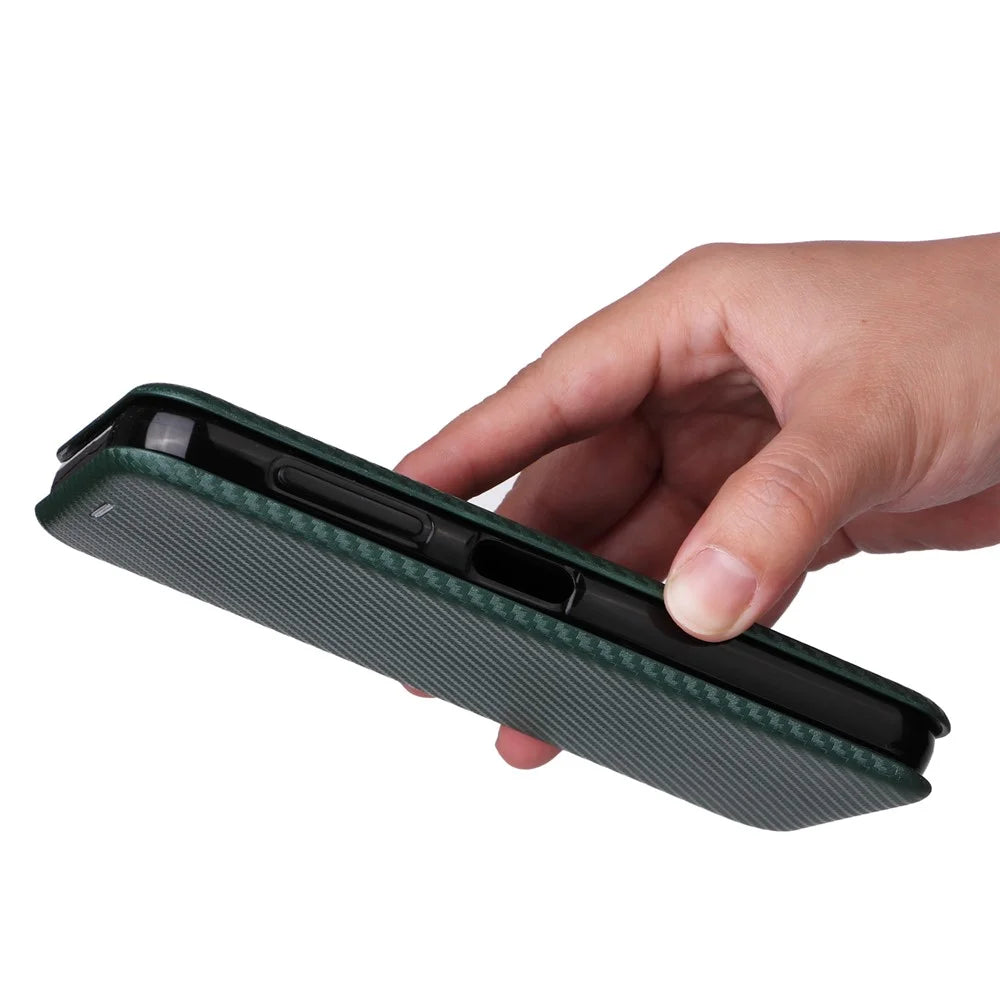 For Fairphone 5 Case Carbon Fiber Texture Phone Cover with Card Holder - Green - 5