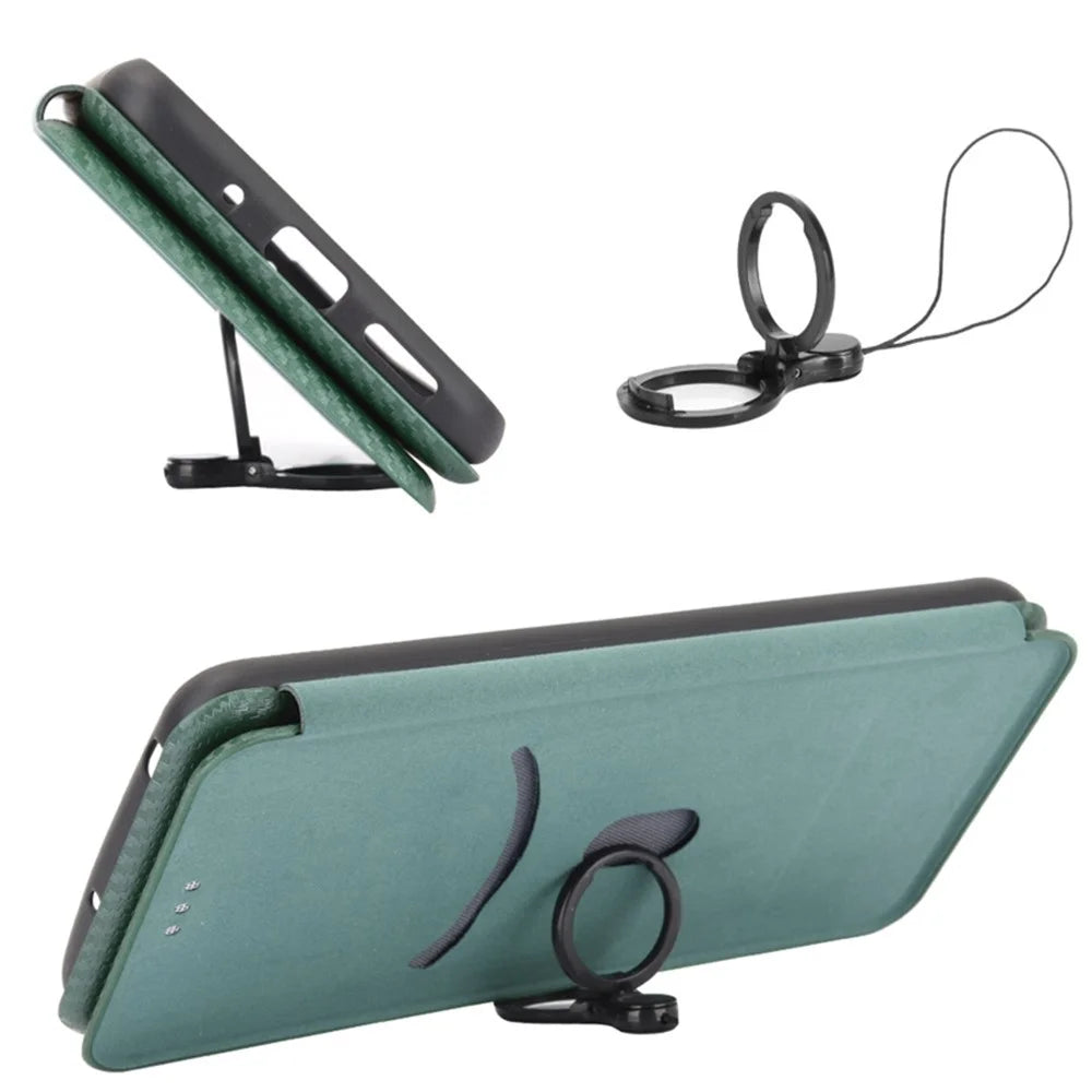 For Fairphone 5 Case Carbon Fiber Texture Phone Cover with Card Holder - Green - 6