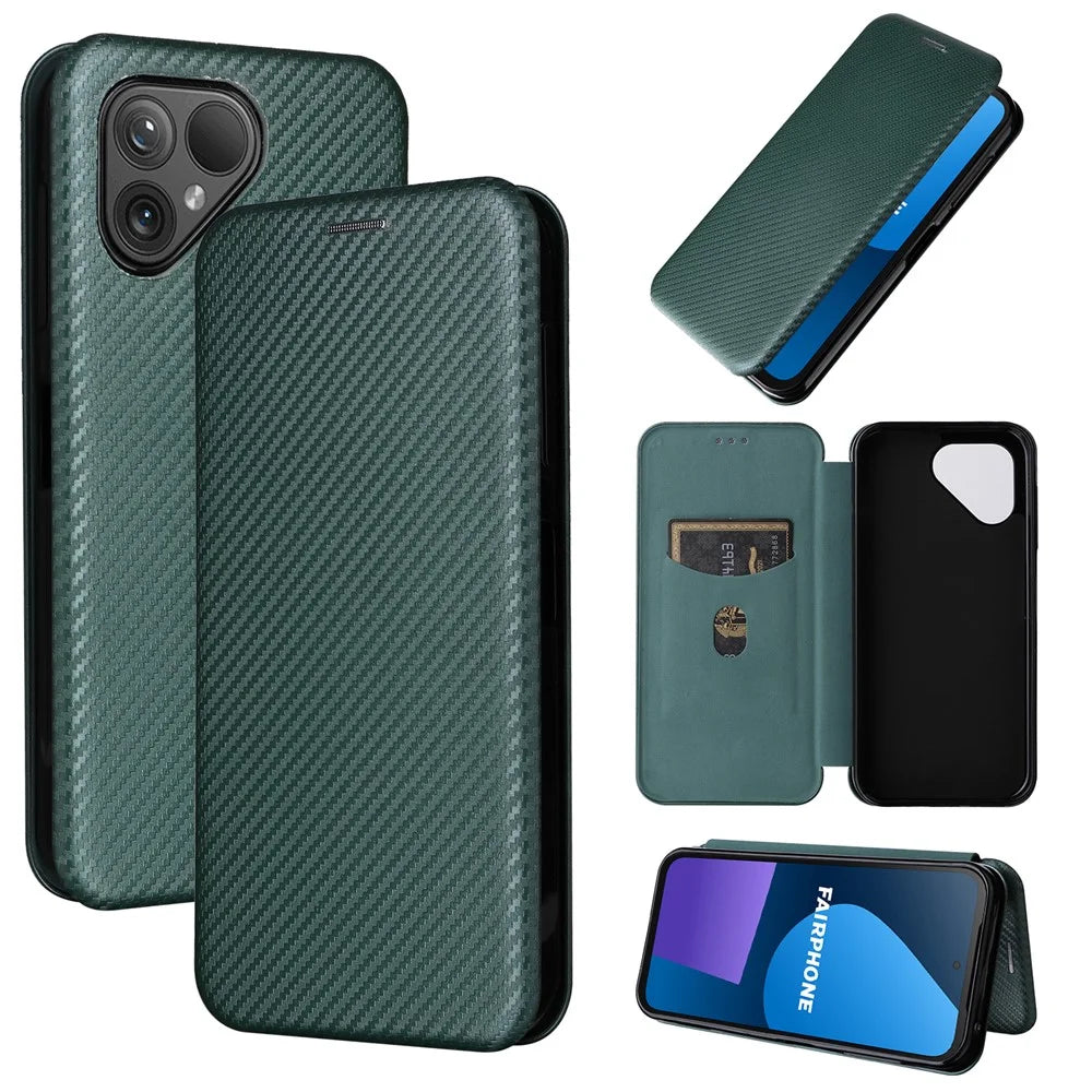 For Fairphone 5 Case Carbon Fiber Texture Phone Cover with Card Holder - Green - 7