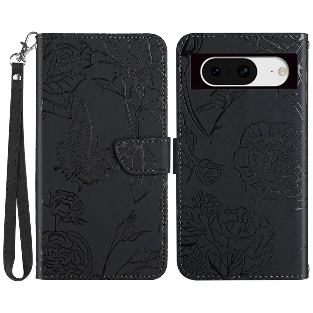 HT03 For Google Pixel 8a Cover Leather Stand Phone Wallet Case with Wrist Strap - Black - 1