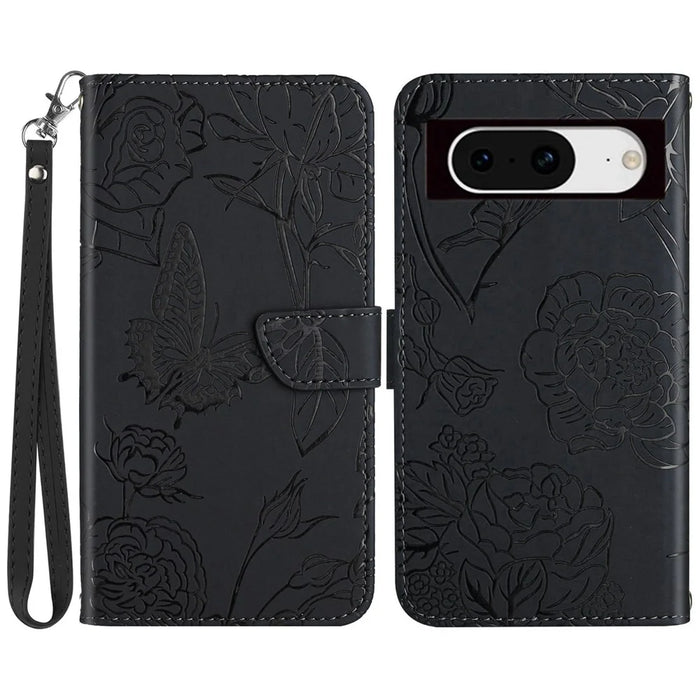 HT03 For Google Pixel 8a Cover Leather Stand Phone Wallet Case with Wrist Strap - Black - 1