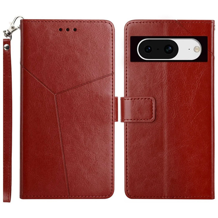 For Google Pixel 8a Case with Wrist Strap Y Shaped Lines Imprint Leather Phone Cover - Brown - 1
