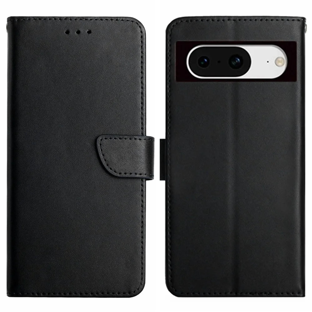 HT02 For Google Pixel 8a Case Genuine Cow Leather Stand Wallet Phone Cover - Black - 1