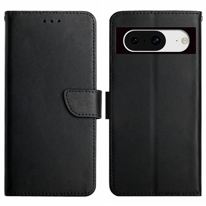 HT02 For Google Pixel 8a Case Genuine Cow Leather Stand Wallet Phone Cover - Black - 1