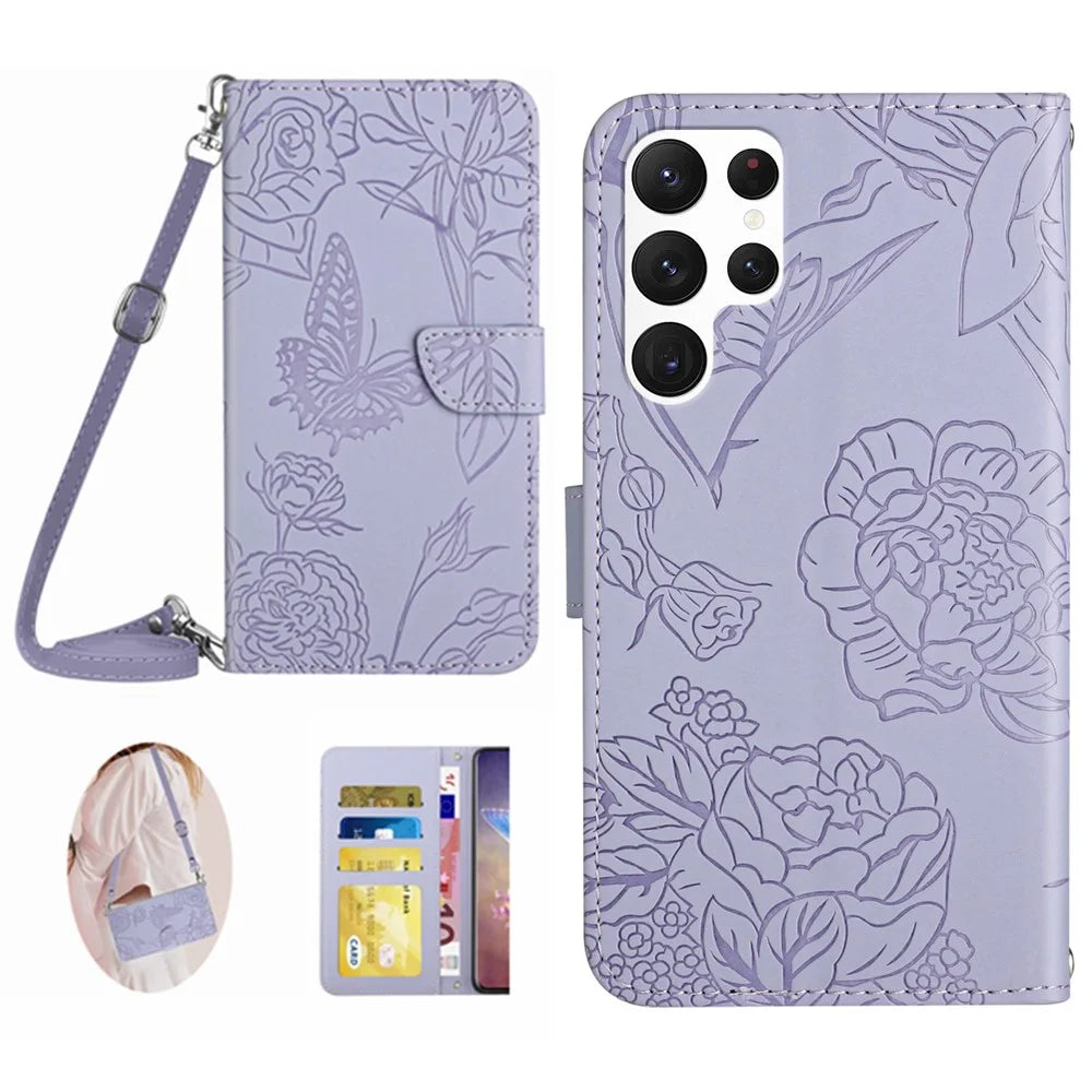 HT03 For Samsung Galaxy S24 Ultra Case Cell Phone Imprinted PU Leather Cover with Long Strap - Purple - 1