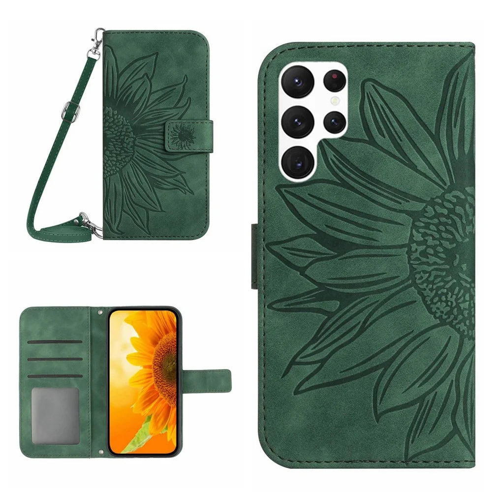 HT04 For Samsung Galaxy S24 Ultra Case Sunflower Imprint Leather Phone Cover with Shoulder Strap - Dark Green - 1