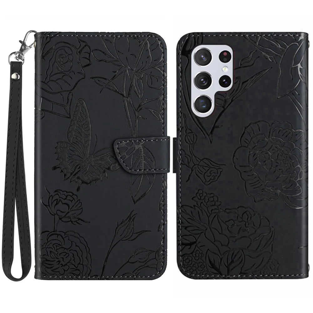 HT03 For Samsung Galaxy S24 Ultra Cover Leather Stand Phone Case with Wrist Strap - Black - 1