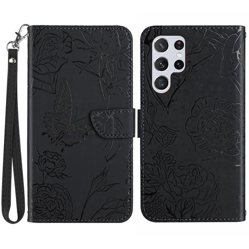 HT03 For Samsung Galaxy S24 Ultra Cover Leather Stand Phone Case with Wrist Strap - Black - 1