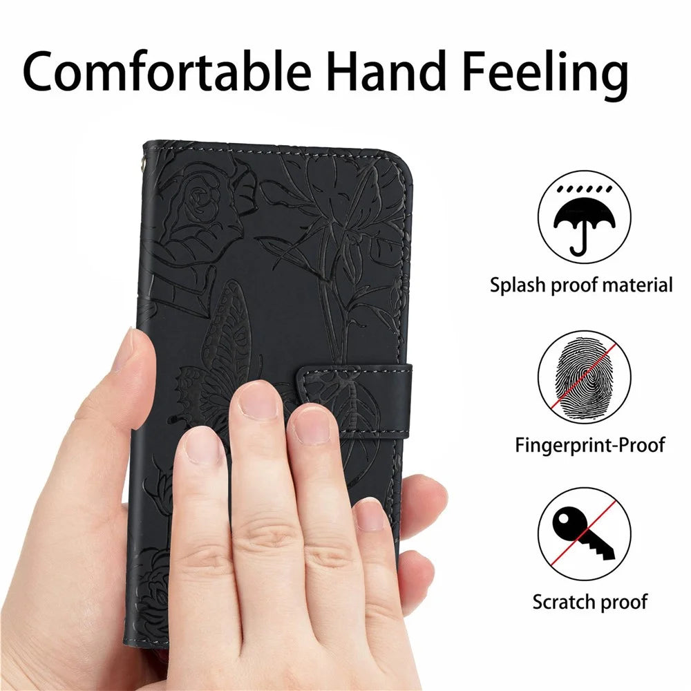 HT03 For Samsung Galaxy S24 Ultra Cover Leather Stand Phone Case with Wrist Strap - Black - 4
