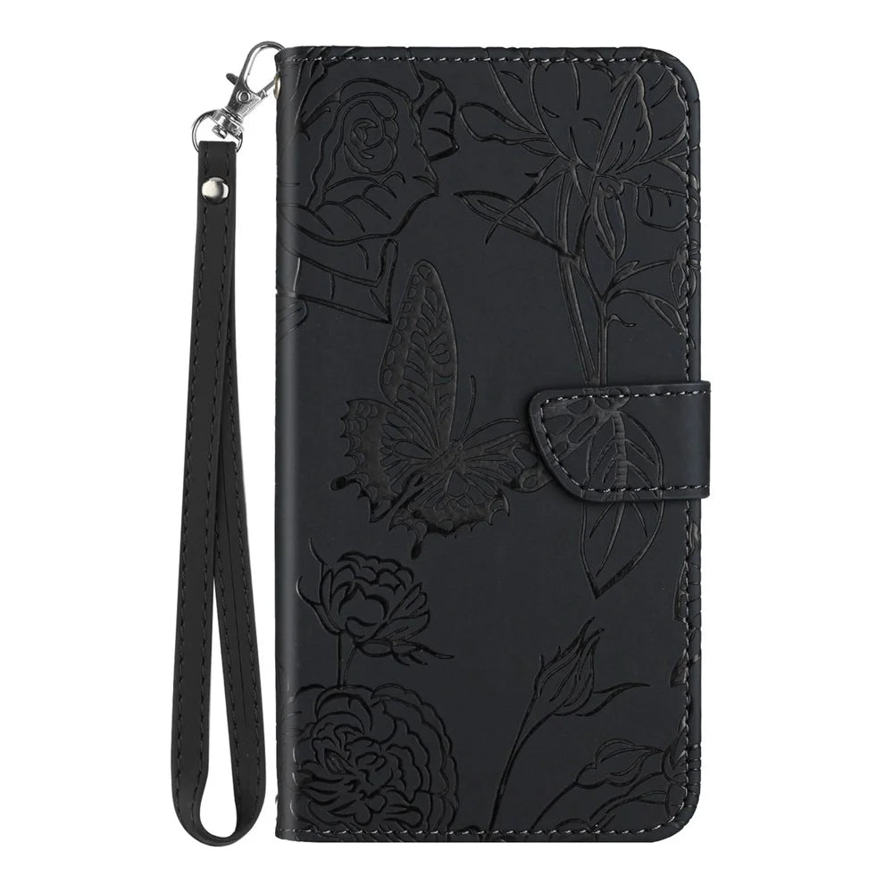 HT03 For Samsung Galaxy S24 Ultra Cover Leather Stand Phone Case with Wrist Strap - Black - 7