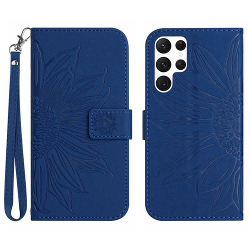 HT04 For Samsung Galaxy S24 Ultra Cover PU Leather Phone Case with Wrist Strap - Sapphire - 1