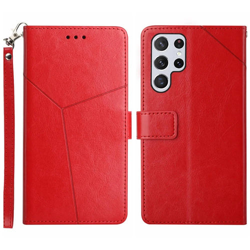 For Samsung Galaxy S24 Ultra Case with Wrist Strap Y Shaped Lines Imprint Leather Phone Cover - Red - 1