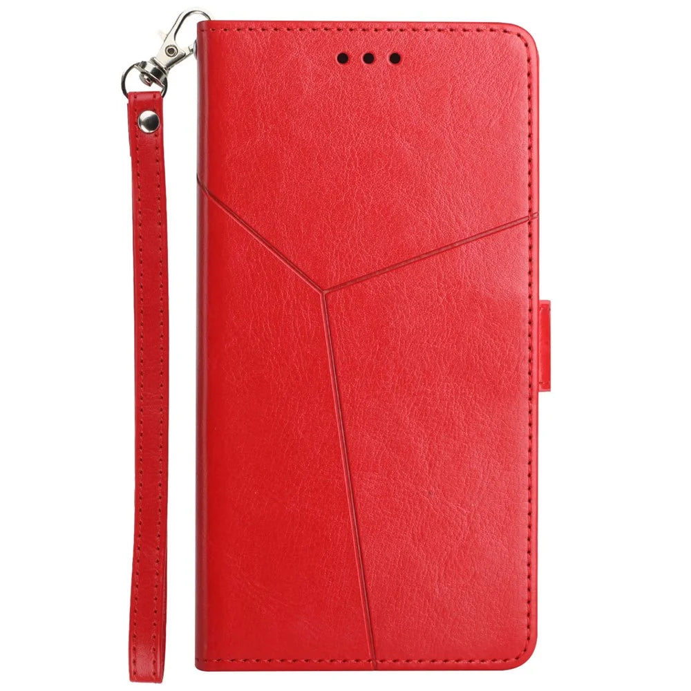 For Samsung Galaxy S24 Ultra Case with Wrist Strap Y Shaped Lines Imprint Leather Phone Cover - Red - 7