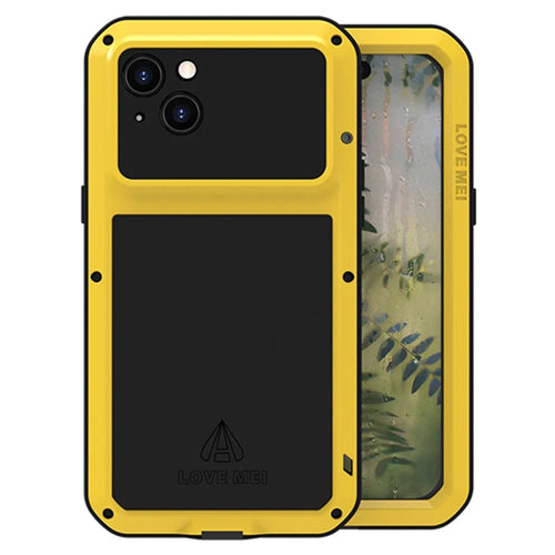 LOVE MEI For iPhone 15 Plus Case Metal+Silicone Cover with Tempered Glass Film - Yellow - 1