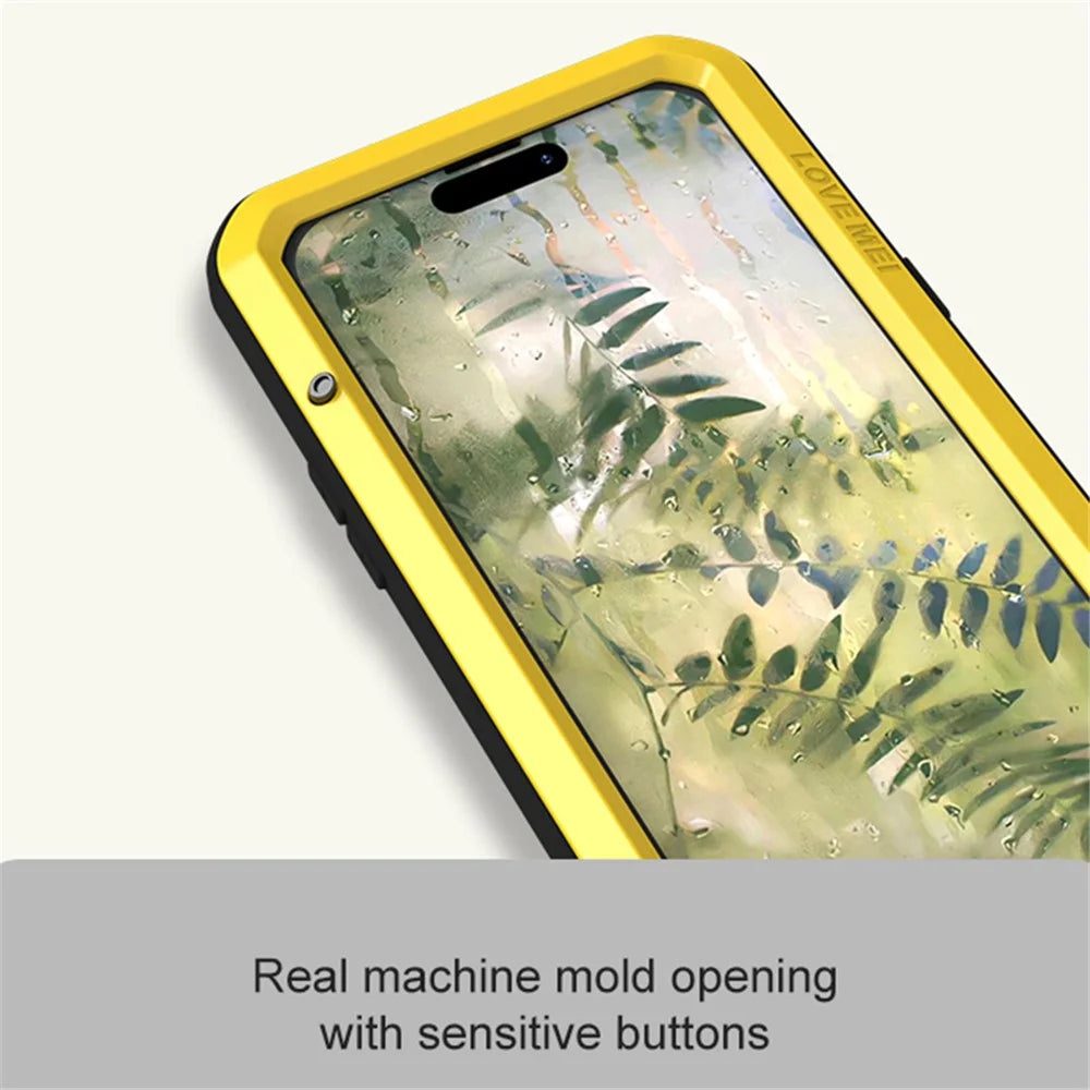 LOVE MEI For iPhone 15 Plus Case Metal+Silicone Cover with Tempered Glass Film - Yellow - 3
