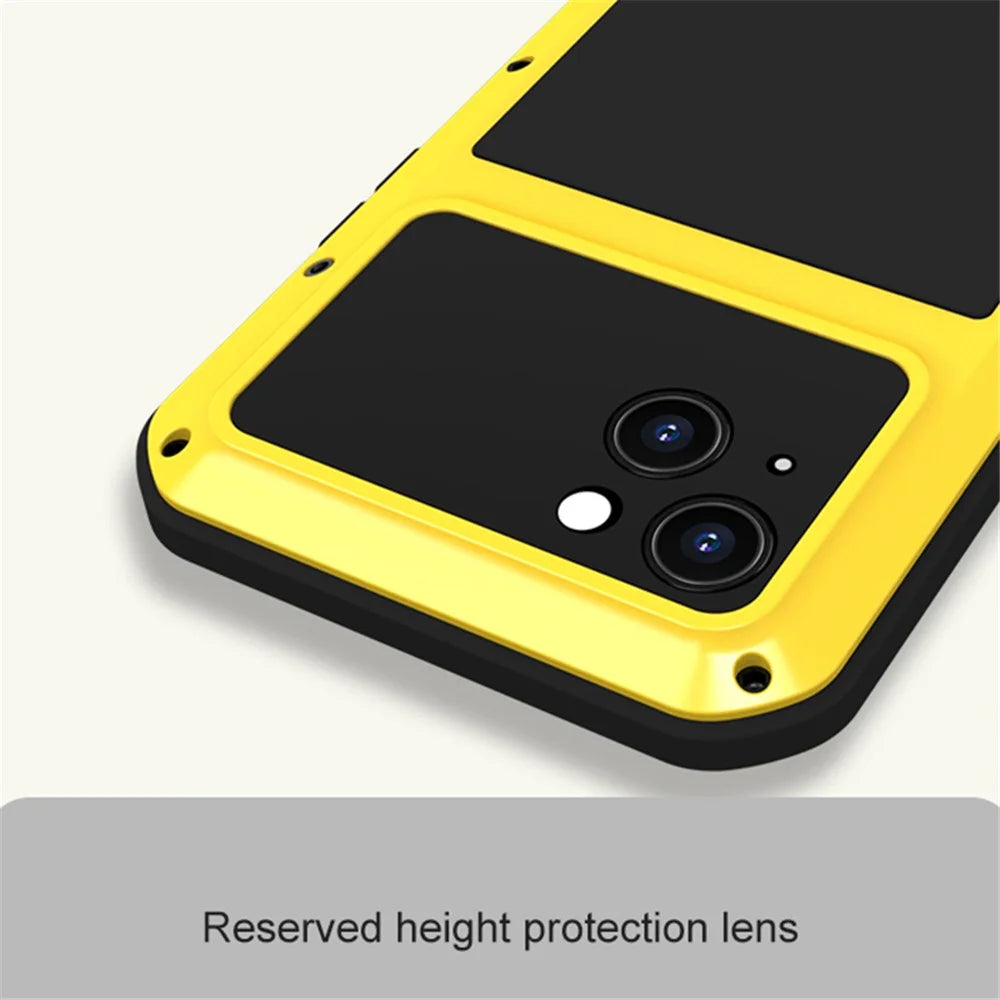 LOVE MEI For iPhone 15 Plus Case Metal+Silicone Cover with Tempered Glass Film - Yellow - 4