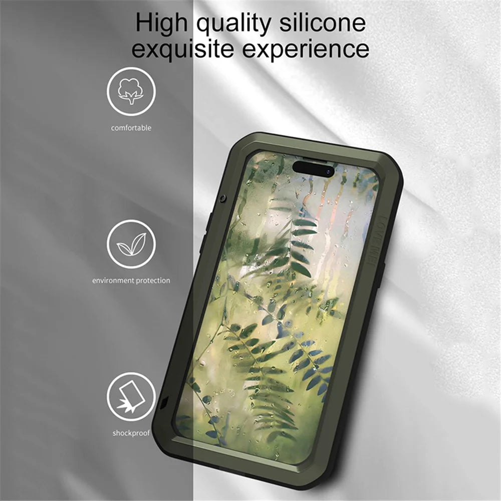 LOVE MEI For iPhone 15 Plus Case Metal+Silicone Cover with Tempered Glass Film - Yellow - 5