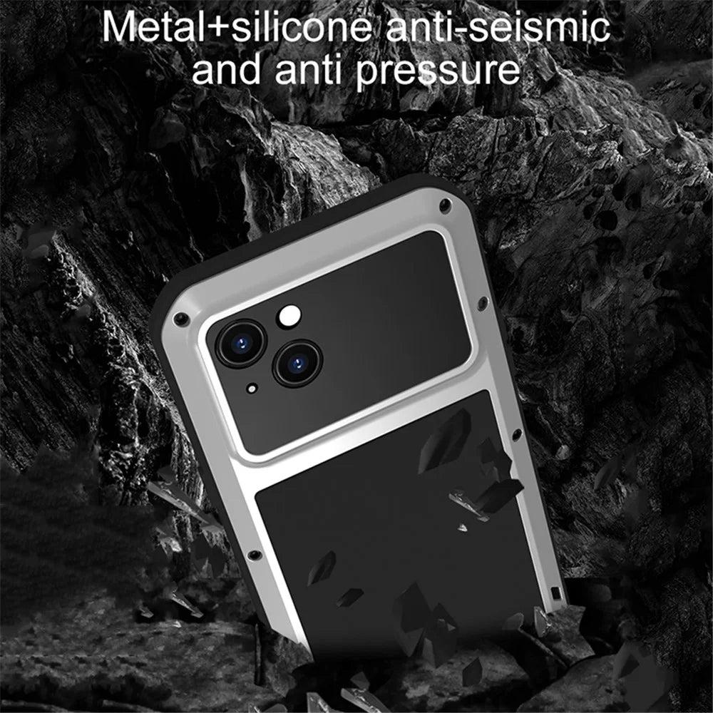 LOVE MEI For iPhone 15 Plus Case Metal+Silicone Cover with Tempered Glass Film - Yellow - 6