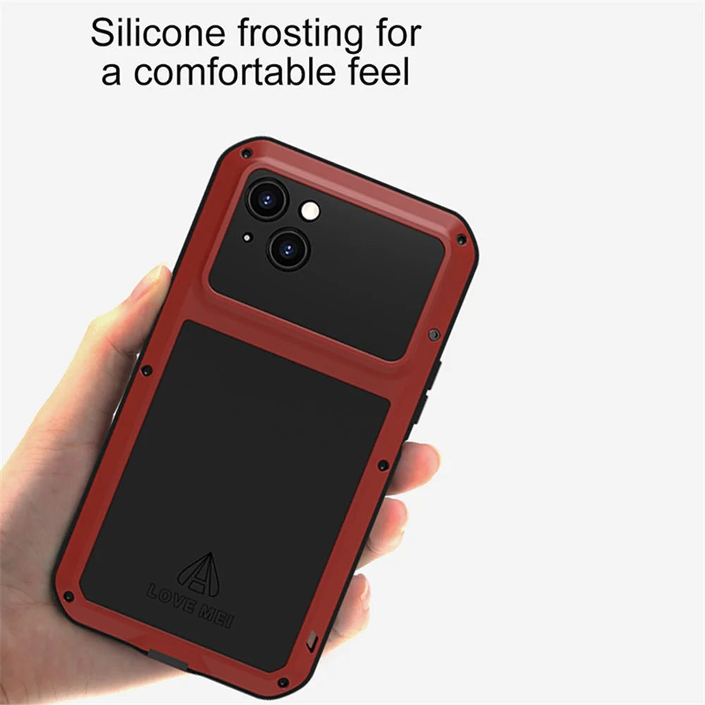LOVE MEI For iPhone 15 Plus Case Metal+Silicone Cover with Tempered Glass Film - Yellow - 7