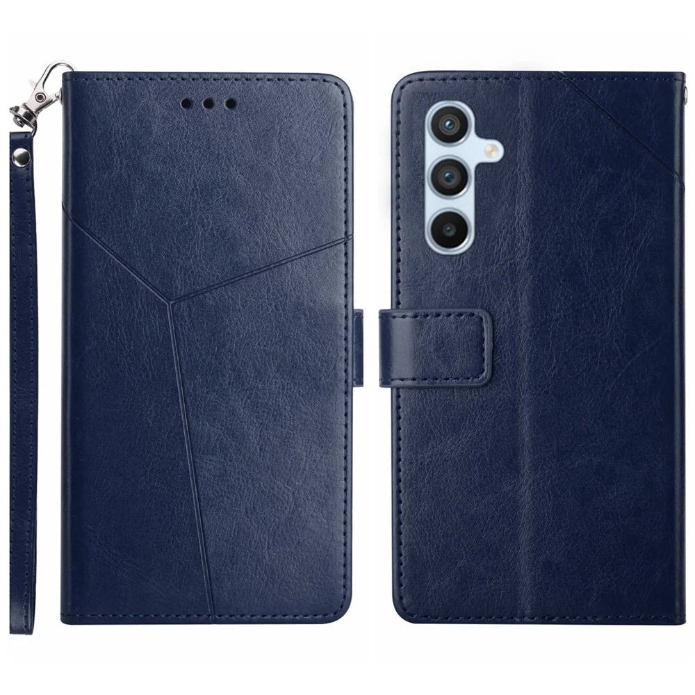For Samsung Galaxy S24+ Case with Wrist Strap Y Shaped Lines Imprint Leather Phone Cover - Blue - 1
