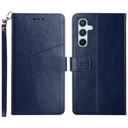 For Samsung Galaxy S24+ Case with Wrist Strap Y Shaped Lines Imprint Leather Phone Cover - Blue - 1
