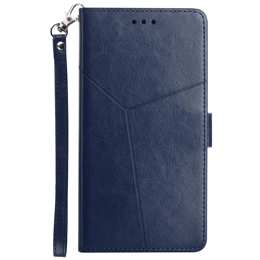 For Samsung Galaxy S24+ Case with Wrist Strap Y Shaped Lines Imprint Leather Phone Cover - Blue - 7