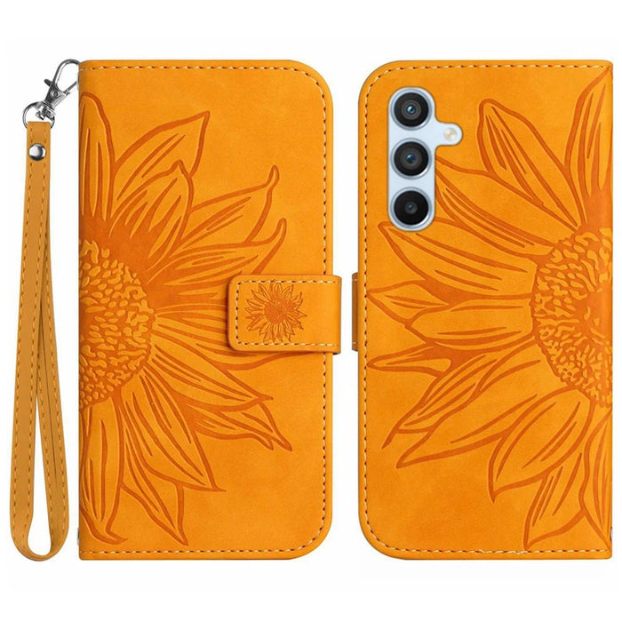 HT04 For Samsung Galaxy S24 Cover Drop Proof PU Leather Phone Case with Wrist Strap - Yellow - 1