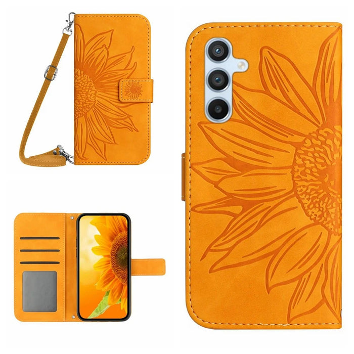 HT04 For Samsung Galaxy S24+ Case Sunflower Imprint Shell Leather Cover with Shoulder Strap - Yellow - 1
