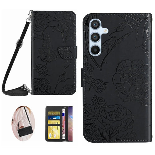 HT03 For Samsung Galaxy S24 Case Imprinted PU Leather Phone Wallet Cover with Shoulder Strap - Black - 1