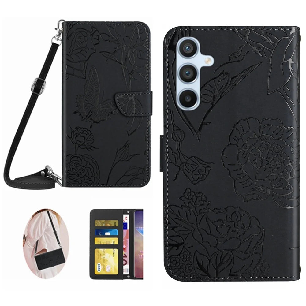 HT03 For Samsung Galaxy S24 Case Imprinted PU Leather Phone Wallet Cover with Shoulder Strap - Black - 1