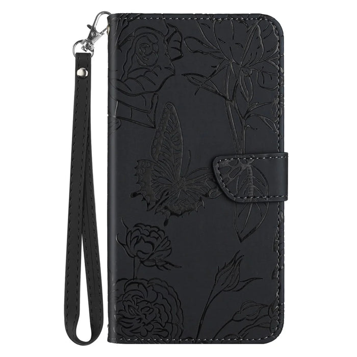 HT03 For Samsung Galaxy S24 Cover PU Leather Flower Imprint Phone Case with Wrist Strap - Black - 7