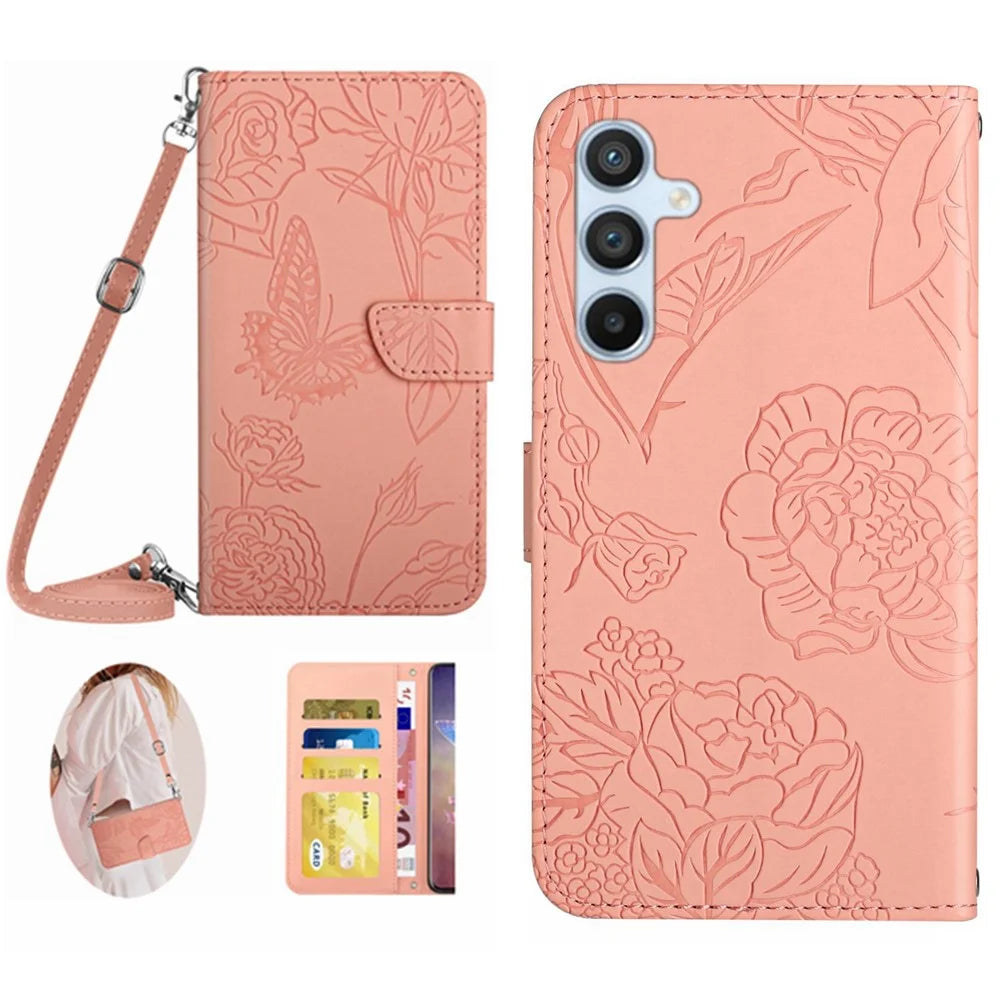 HT03 For Samsung Galaxy A15 4G Case Imprinted Leather Protective Phone Cover with Long Strap - Pink - 1