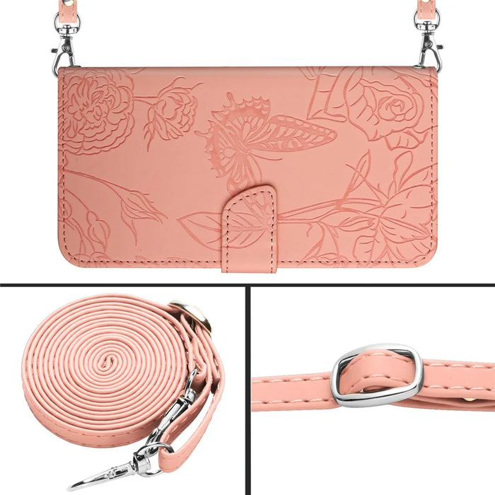 HT03 For Samsung Galaxy A15 4G Case Imprinted Leather Protective Phone Cover with Long Strap - Pink - 7